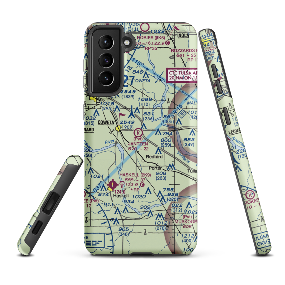 Jantzen Airport (93OK) VFR Sectional Samsung Phone Case Samsung Galaxy S21 Plus model shown