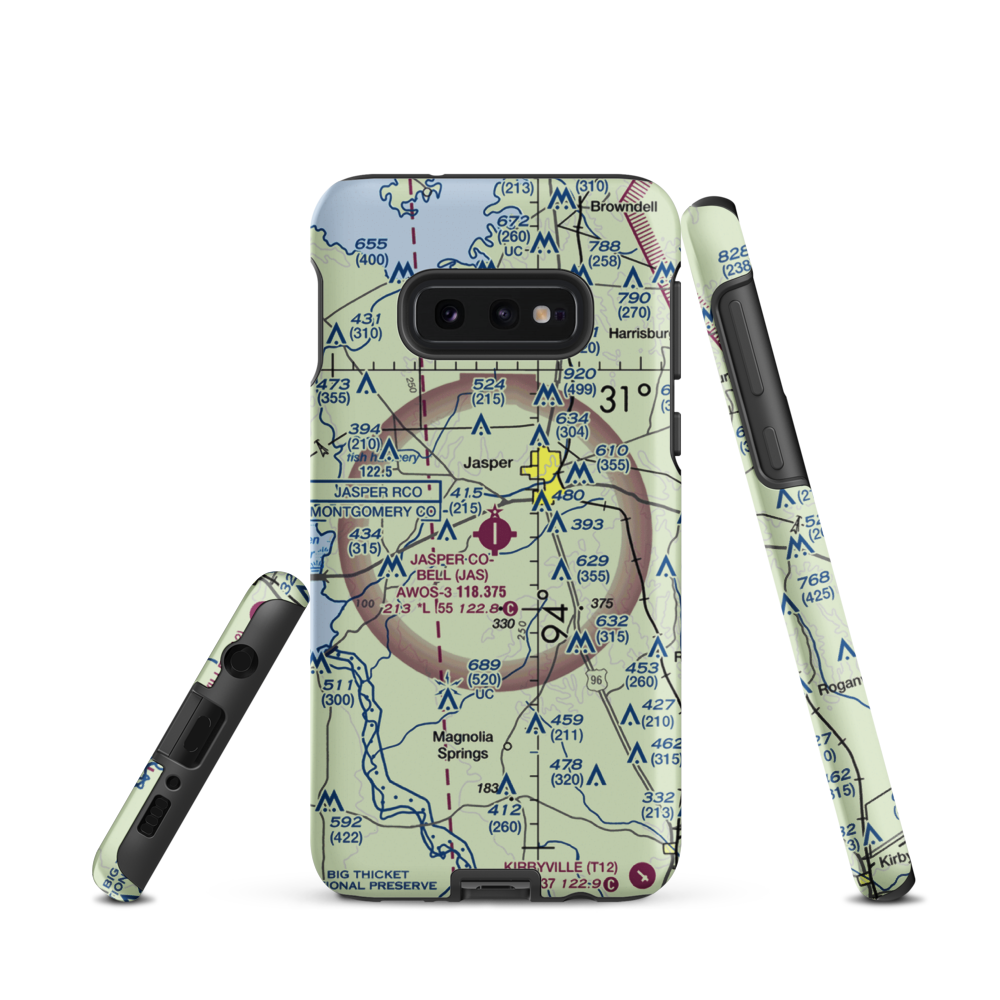 Jasper County Airport-Bell Field (JAS) VFR Sectional Samsung Phone Case Samsung Galaxy S10e model shown