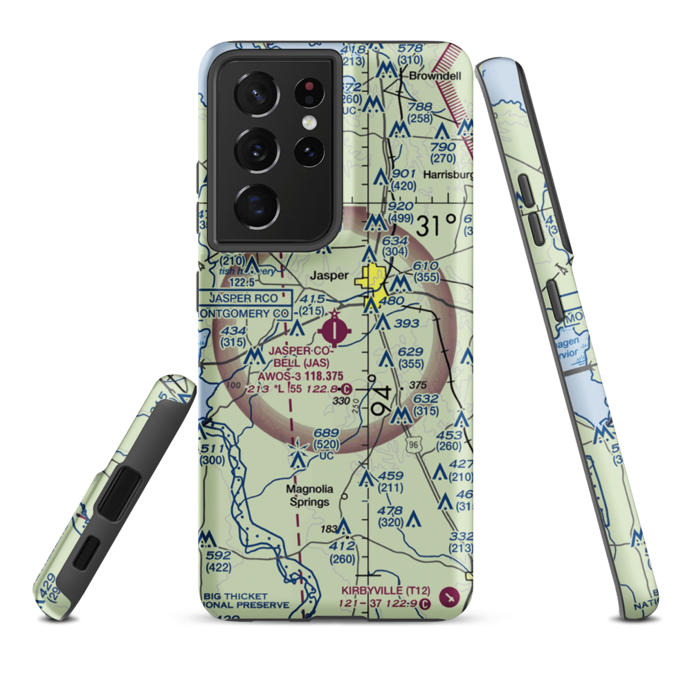 Jasper County Airport-Bell Field (JAS) VFR Sectional Samsung Phone Case Samsung Galaxy S21 Ultra model shown