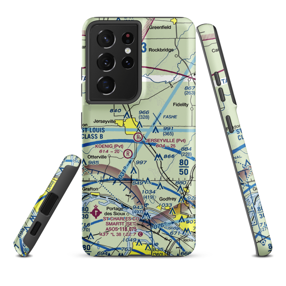 Jerseyville Aviation Inc Airport (0LL1) VFR Sectional Samsung Phone Case Samsung Galaxy S21 Plus model shown