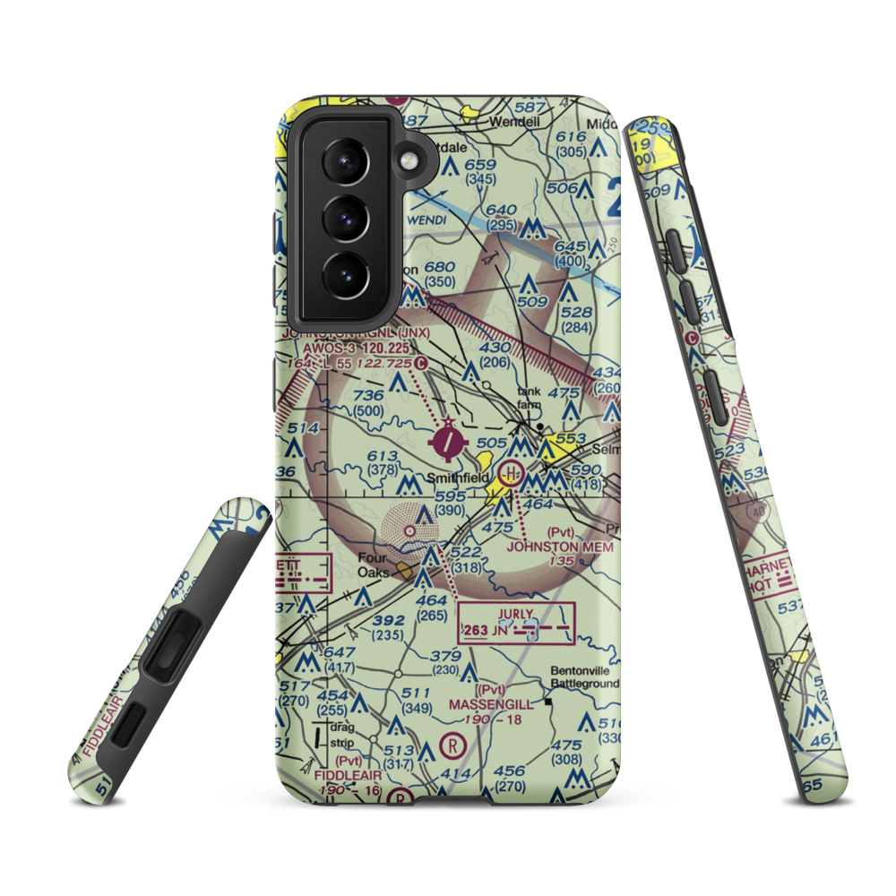 Johnston County Airport (JNX) VFR Sectional Samsung Phone Case Samsung Galaxy S21 FE model shown