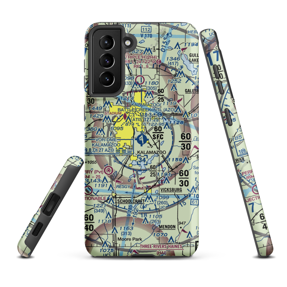 Kalamazoo Battle Creek International Airport (AZO) VFR Sectional Samsung Phone Case Samsung Galaxy S21 Plus model shown