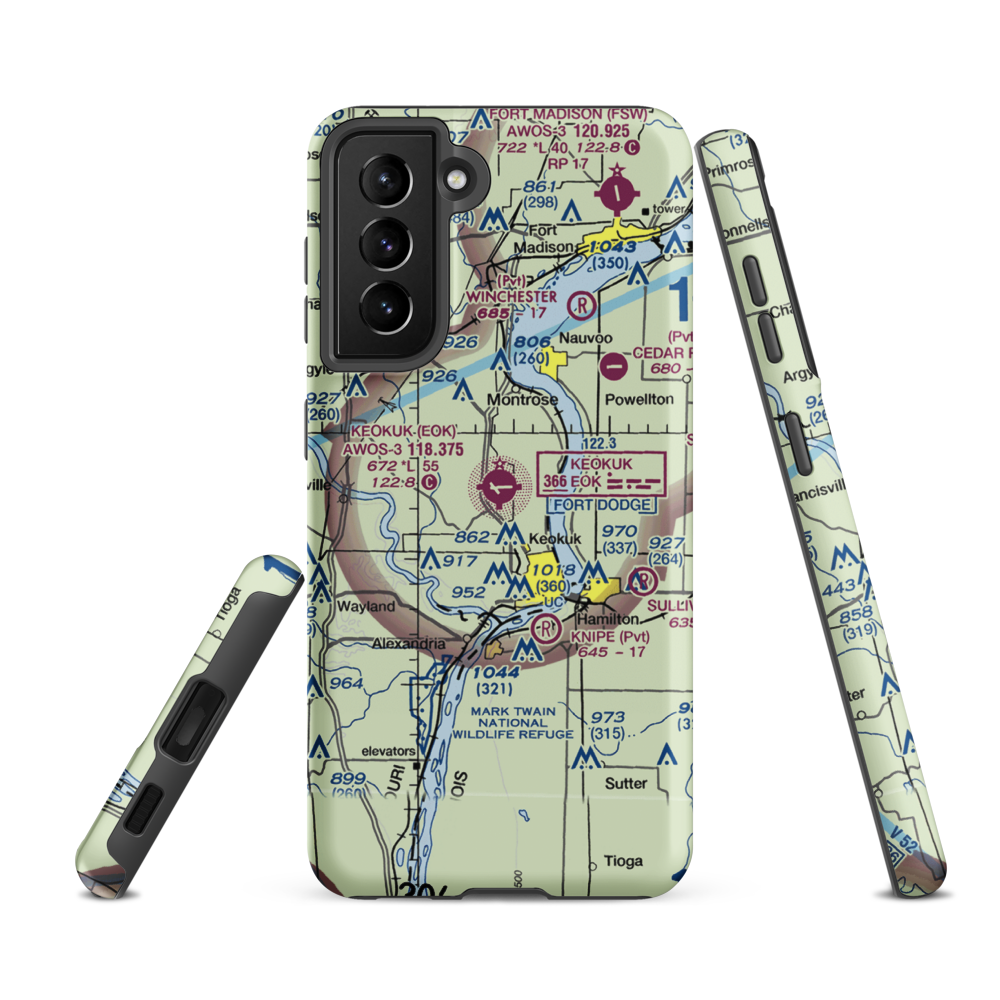 Keokuk Municipal Airport (EOK) VFR Sectional Samsung Phone Case Samsung Galaxy S21 FE model shown