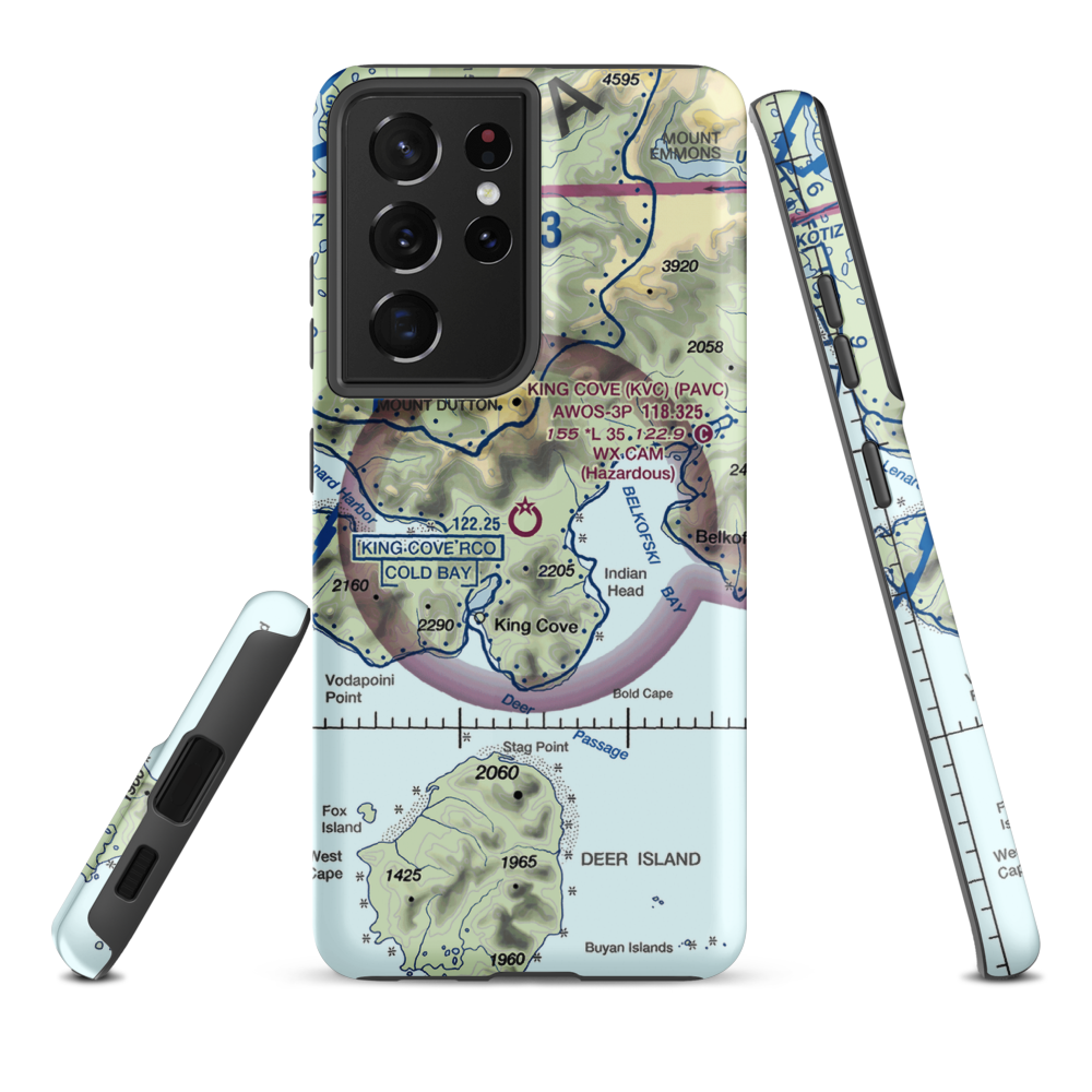 King Cove Airport (KVC) VFR Sectional Samsung Phone Case Samsung Galaxy S21 Plus model shown