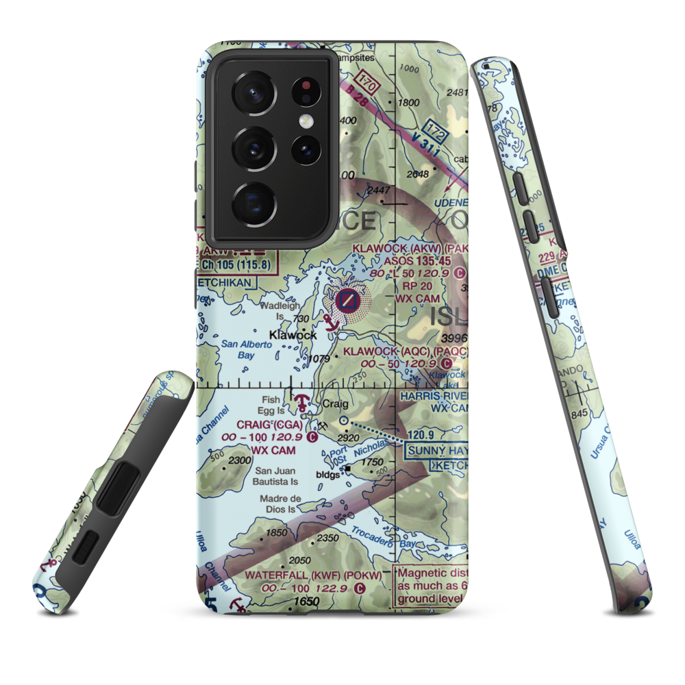Klawock Seaplane Base (AQC) VFR Sectional Samsung Phone Case Samsung Galaxy S21 Plus model shown