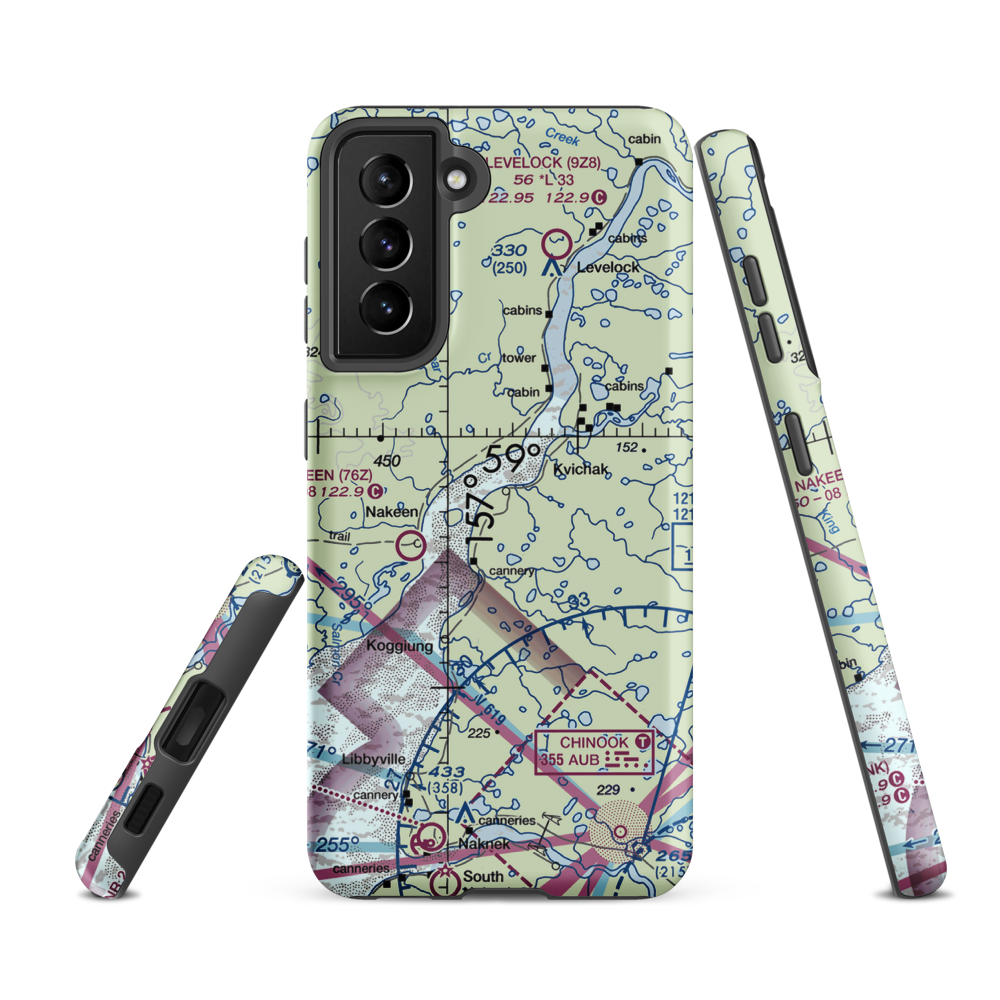 Kvichak /Diamond J/ Airport (9Z7) VFR Sectional Samsung Phone Case Samsung Galaxy S21 FE model shown