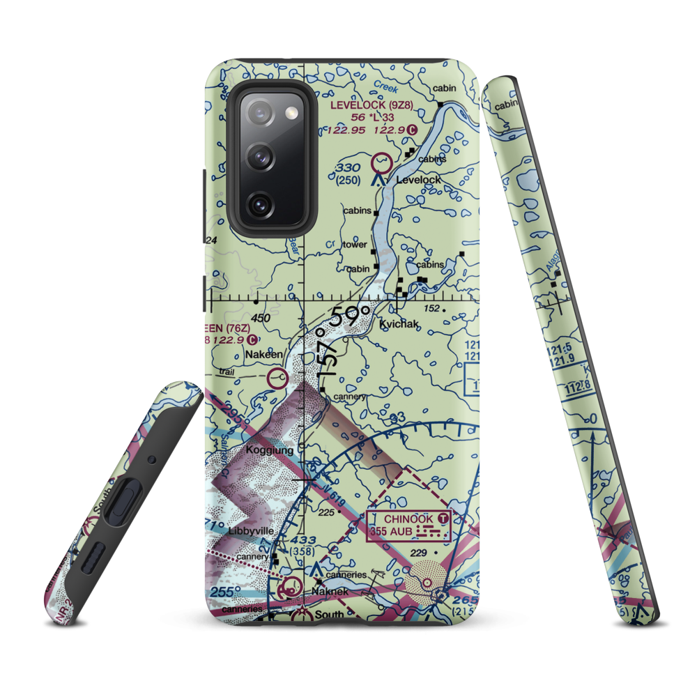 Kvichak /Diamond J/ Airport (9Z7) VFR Sectional Samsung Phone Case Samsung Galaxy S20 FE model shown