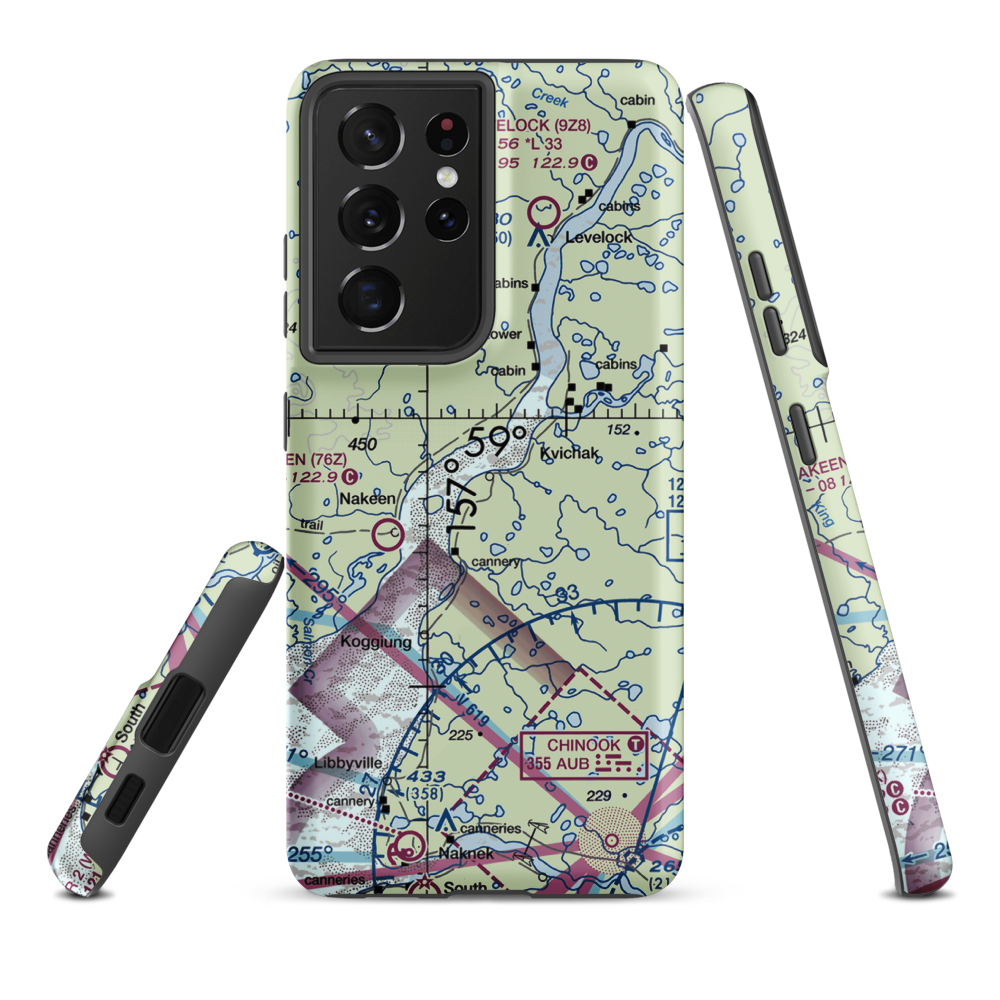 Kvichak /Diamond J/ Airport (9Z7) VFR Sectional Samsung Phone Case Samsung Galaxy S21 Plus model shown