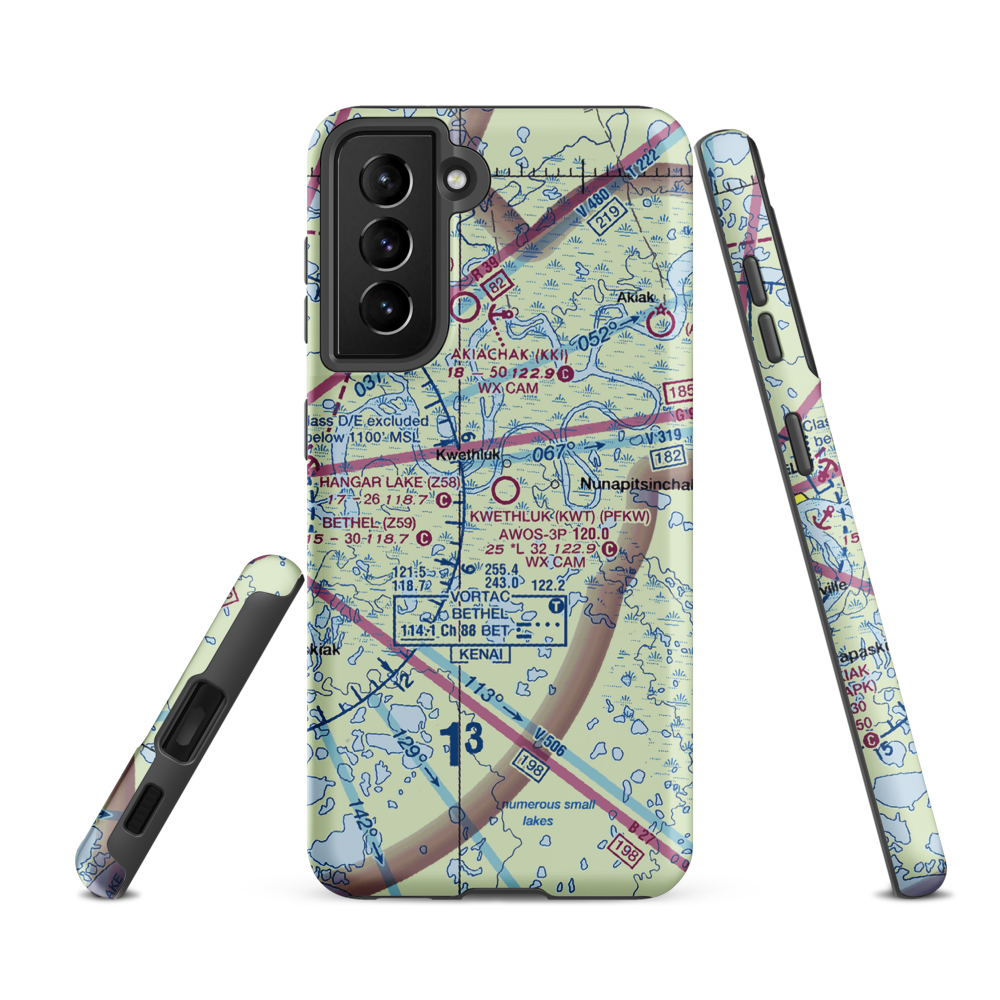Kwethluk Airport (KWT) VFR Sectional Samsung Phone Case Samsung Galaxy S21 FE model shown