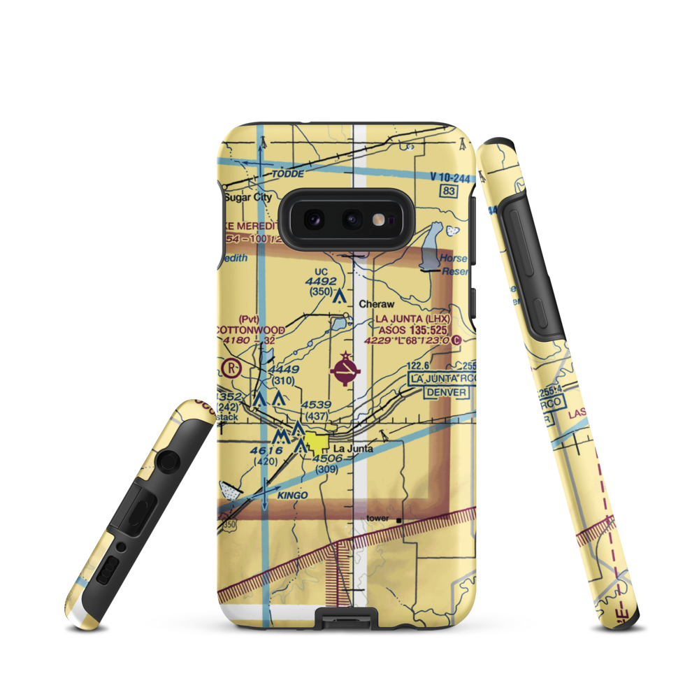 La Junta Municipal Airport (LHX) VFR Sectional Samsung Phone Case Samsung Galaxy S10e model shown