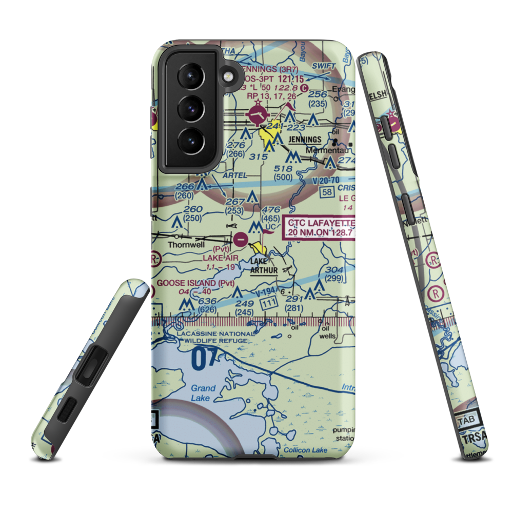 Lake Air Service Airport (LA32) VFR Sectional Samsung Phone Case Samsung Galaxy S21 FE model shown