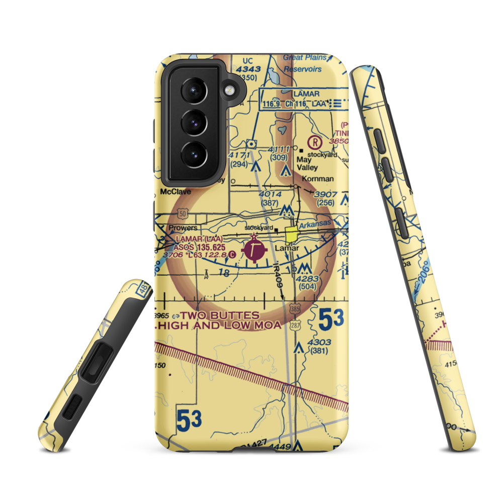 Lamar Municipal Airport (LAA) VFR Sectional Samsung Phone Case Samsung Galaxy S21 FE model shown