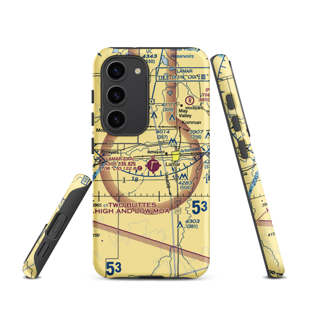 Lamar Municipal Airport (LAA) VFR Sectional Samsung Phone Case Samsung Galaxy S23 model shown