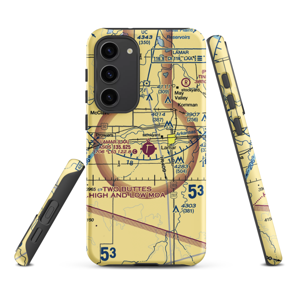 Lamar Municipal Airport (LAA) VFR Sectional Samsung Phone Case Samsung Galaxy S23 Plus model shown