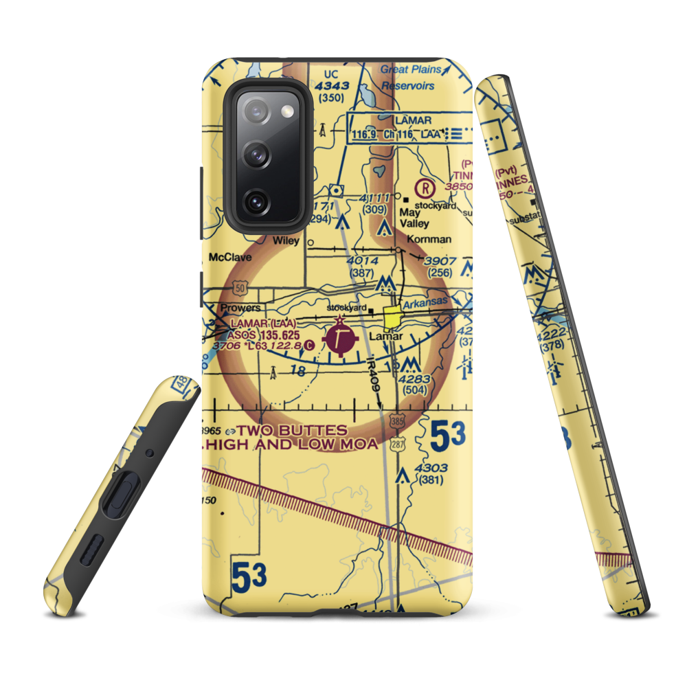 Lamar Municipal Airport (LAA) VFR Sectional Samsung Phone Case Samsung Galaxy S20 FE model shown