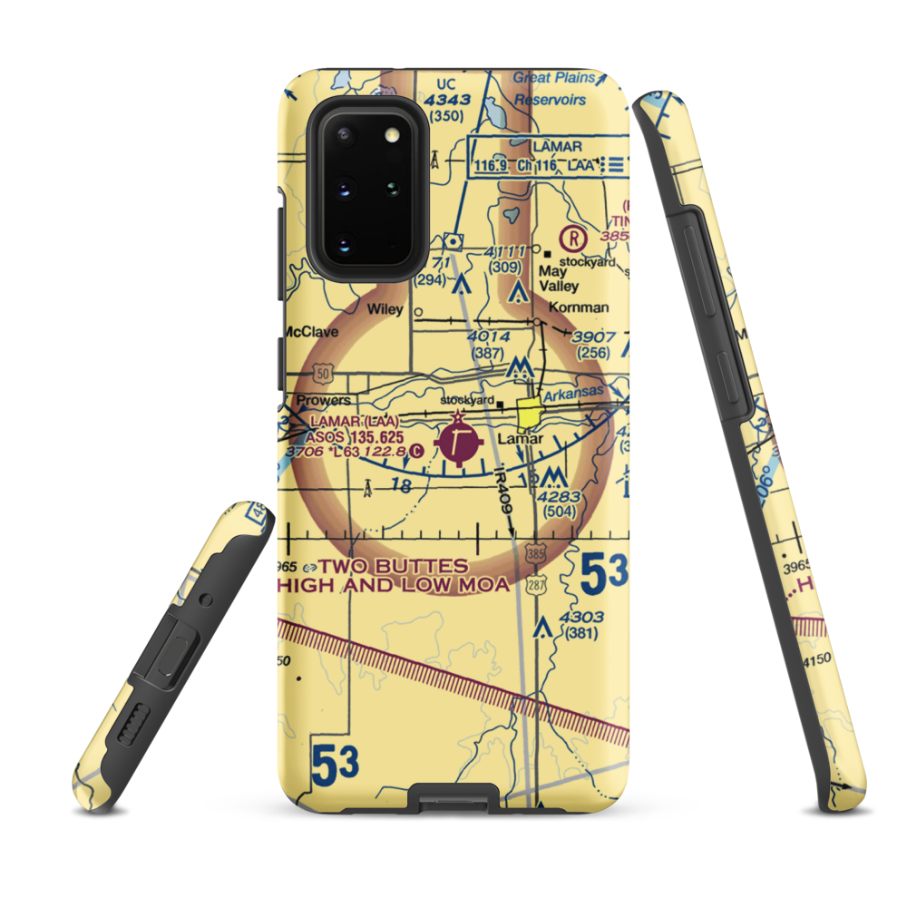 Lamar Municipal Airport (LAA) VFR Sectional Samsung Phone Case Samsung Galaxy S20 Plus model shown
