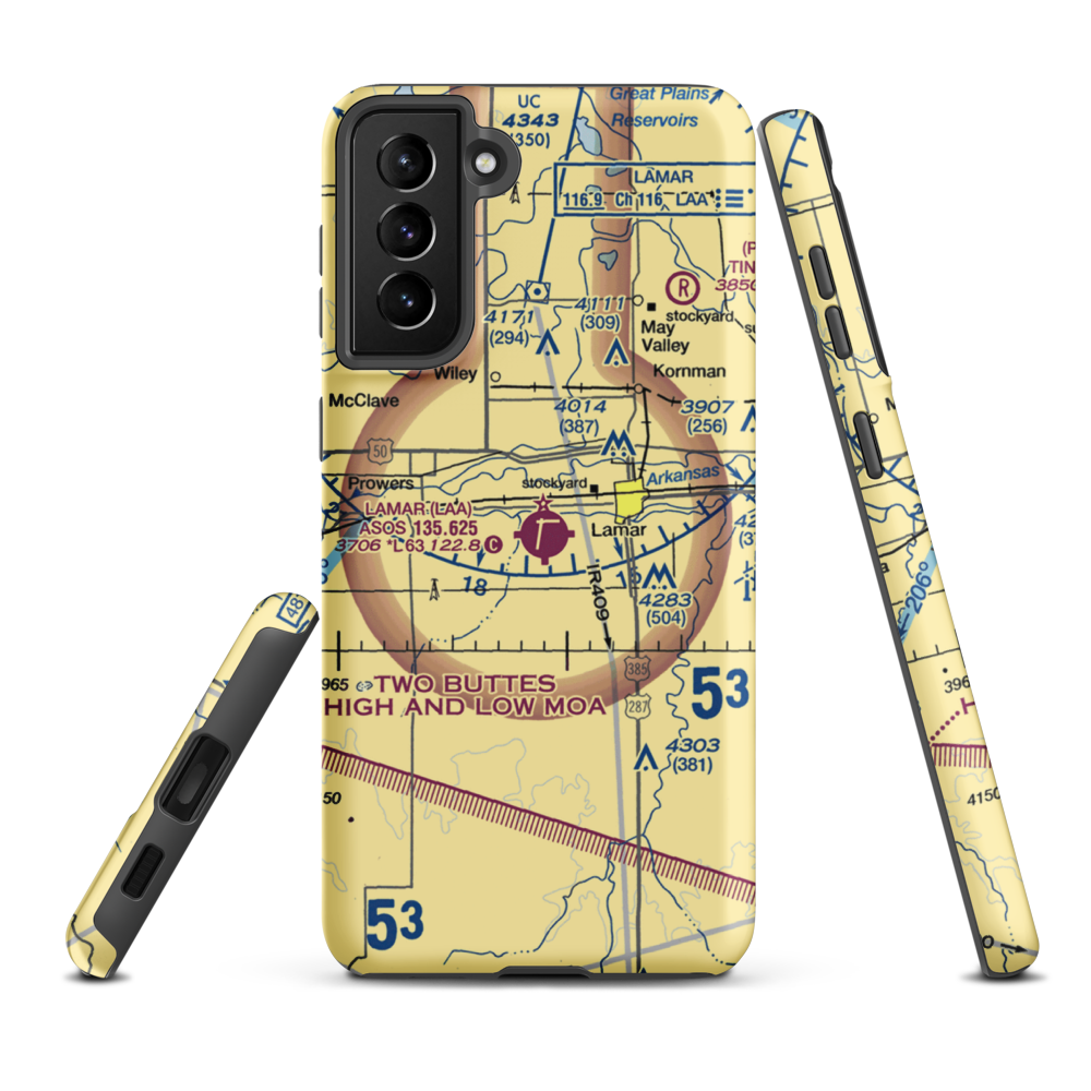 Lamar Municipal Airport (LAA) VFR Sectional Samsung Phone Case Samsung Galaxy S21 FE model shown