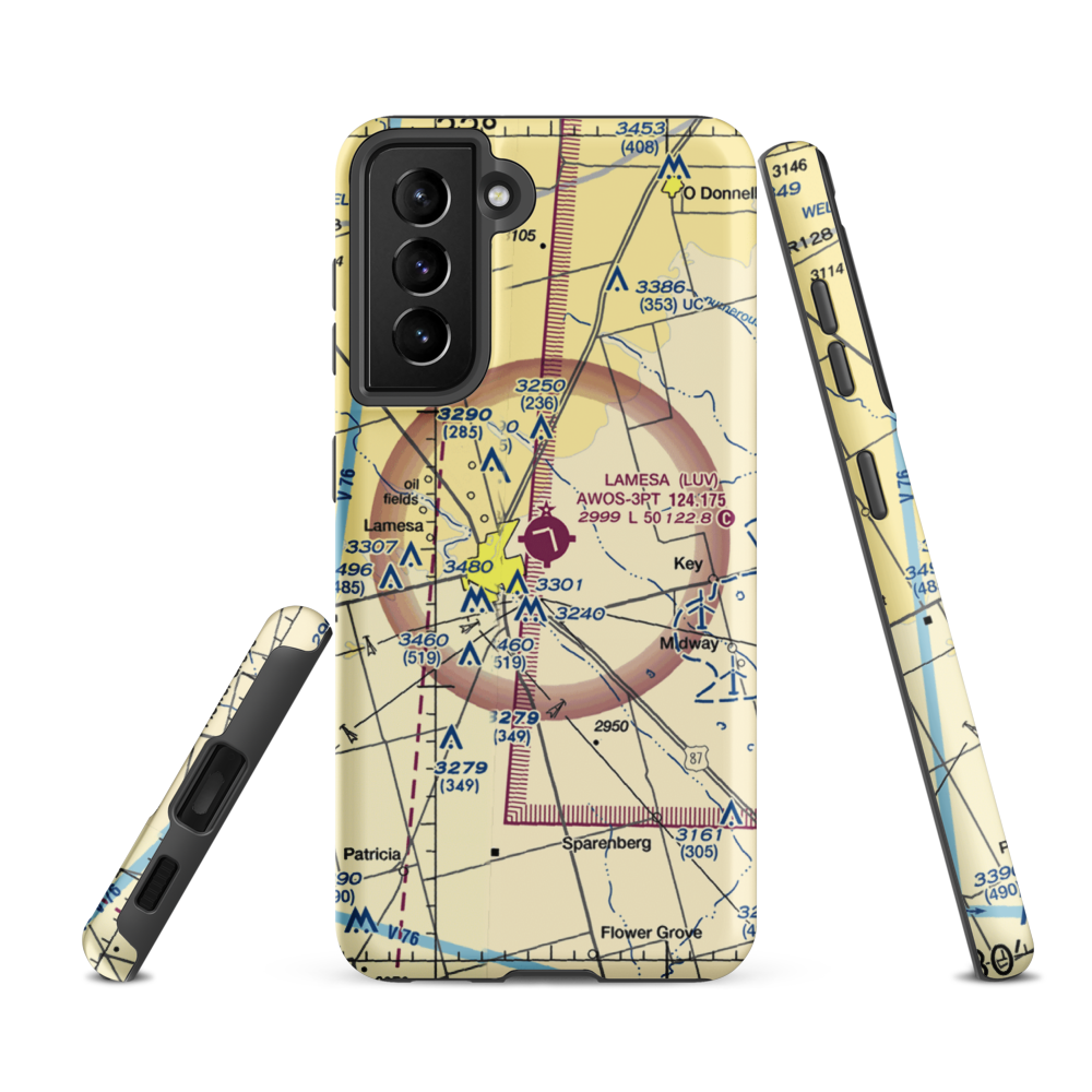 Lamesa Municipal Airport (LUV) VFR Sectional Samsung Phone Case Samsung Galaxy S21 FE model shown