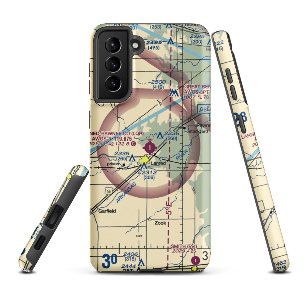 Larned Pawnee County Airport (LQR) VFR Sectional Samsung Phone Case Samsung Galaxy S21 Plus model shown