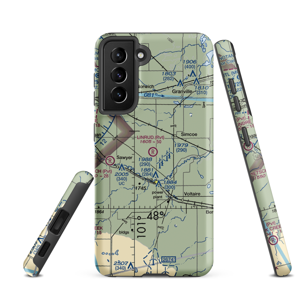 Linrud Airstrip (NA13) VFR Sectional Samsung Phone Case Samsung Galaxy S21 FE model shown