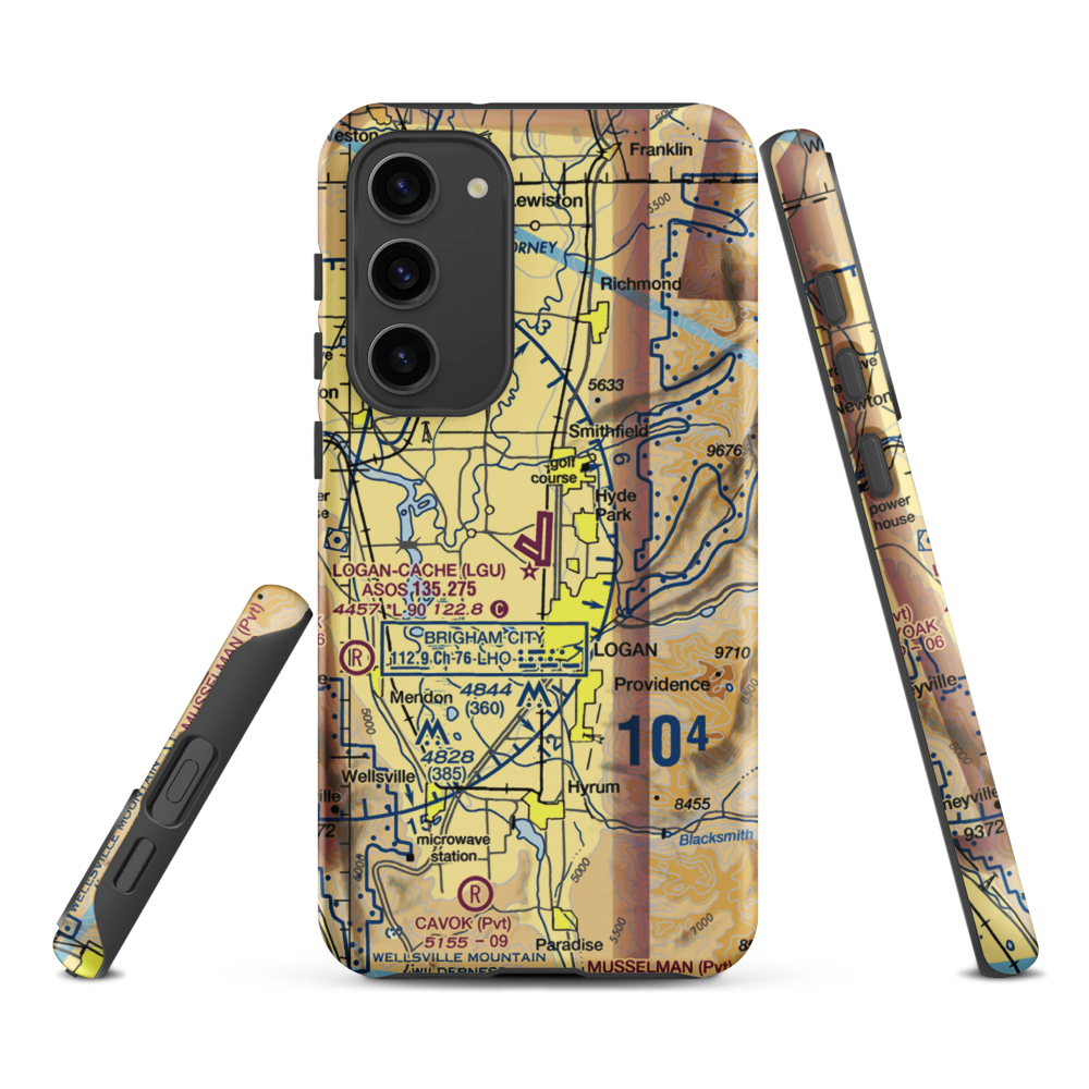 Logan-Cache Airport (LGU) VFR Sectional Samsung Phone Case Samsung Galaxy S23 Plus model shown