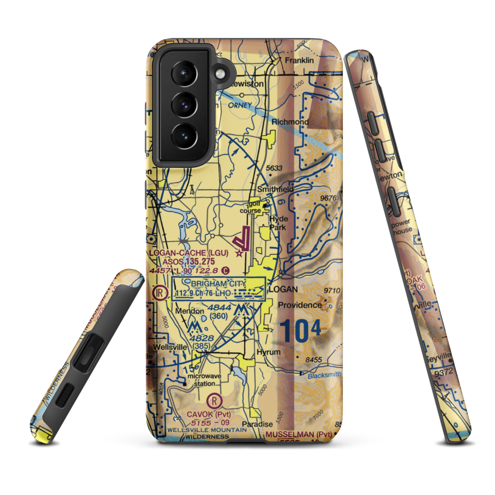 Logan-Cache Airport (LGU) VFR Sectional Samsung Phone Case Samsung Galaxy S21 Plus model shown