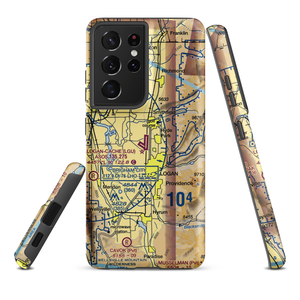 Logan-Cache Airport (LGU) VFR Sectional Samsung Phone Case Samsung Galaxy S21 Plus model shown