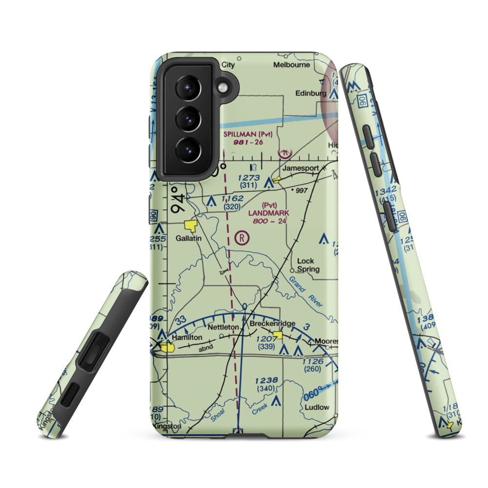 Longwood Mfg Corp Airport (1MO4) VFR Sectional Samsung Phone Case Samsung Galaxy S21 FE model shown