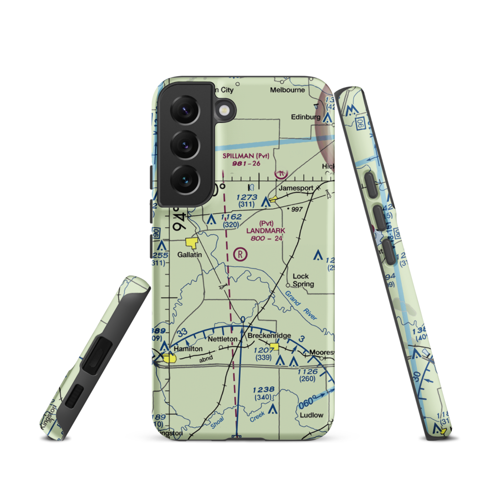Longwood Mfg Corp Airport (1MO4) VFR Sectional Samsung Phone Case Samsung Galaxy S22 model shown
