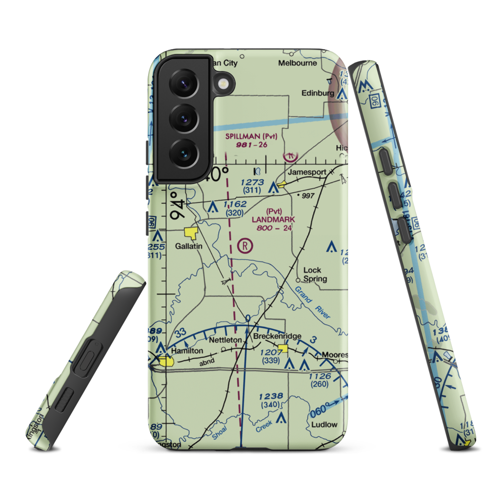 Longwood Mfg Corp Airport (1MO4) VFR Sectional Samsung Phone Case Samsung Galaxy S22 Plus model shown