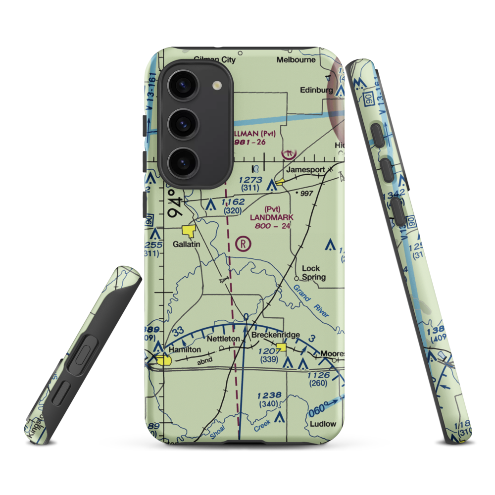 Longwood Mfg Corp Airport (1MO4) VFR Sectional Samsung Phone Case Samsung Galaxy S23 Plus model shown