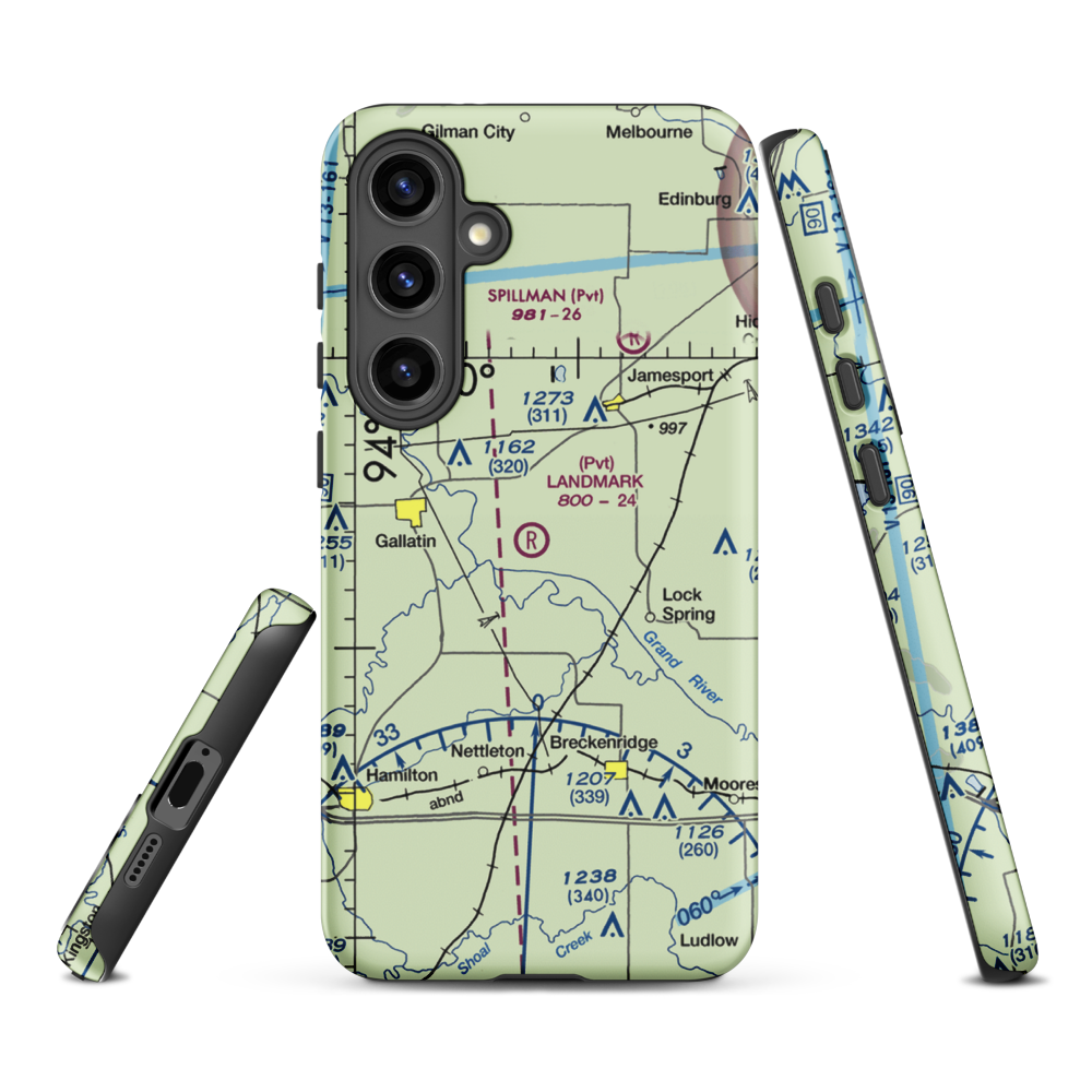 Longwood Mfg Corp Airport (1MO4) VFR Sectional Samsung Phone Case Samsung Galaxy S24 Plus model shown