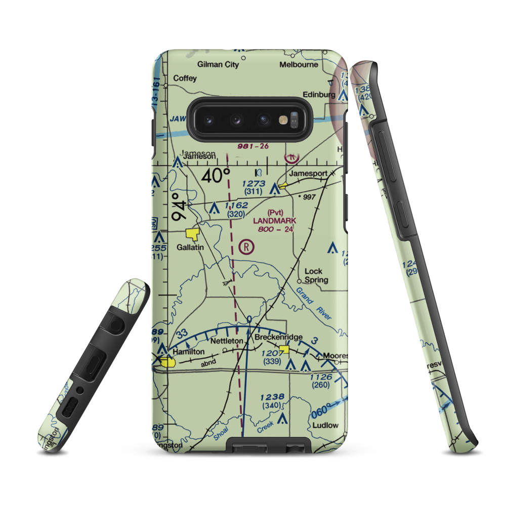 Longwood Mfg Corp Airport (1MO4) VFR Sectional Samsung Phone Case Samsung Galaxy S10 Plus model shown
