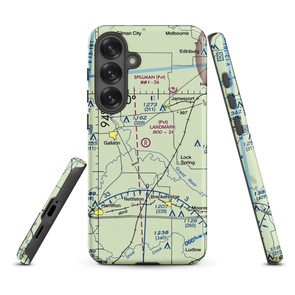 Longwood Mfg Corp Airport (1MO4) VFR Sectional Samsung Phone Case Samsung Galaxy S25 Plus model shown