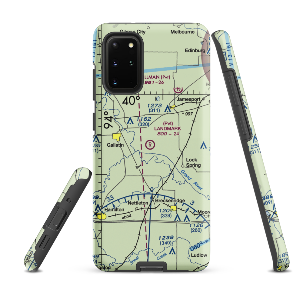 Longwood Mfg Corp Airport (1MO4) VFR Sectional Samsung Phone Case Samsung Galaxy S20 Plus model shown