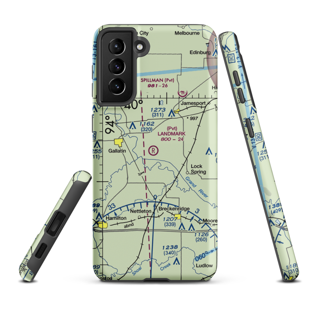 Longwood Mfg Corp Airport (1MO4) VFR Sectional Samsung Phone Case Samsung Galaxy S21 Plus model shown