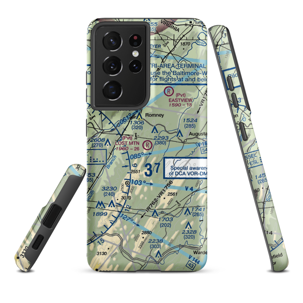 Lost Mountain Airport (WV06) VFR Sectional Samsung Phone Case Samsung Galaxy S21 Plus model shown