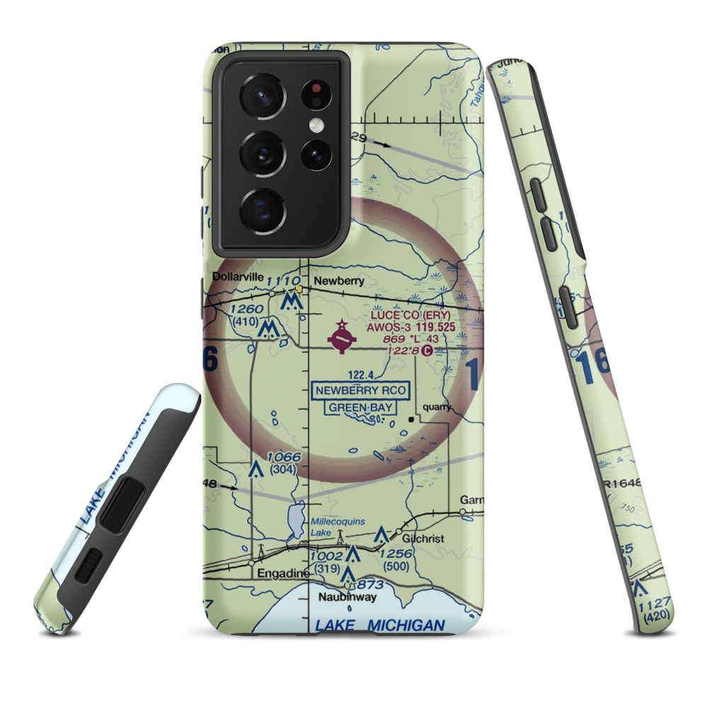 Luce County Airport (ERY) VFR Sectional Samsung Phone Case Samsung Galaxy S21 Plus model shown