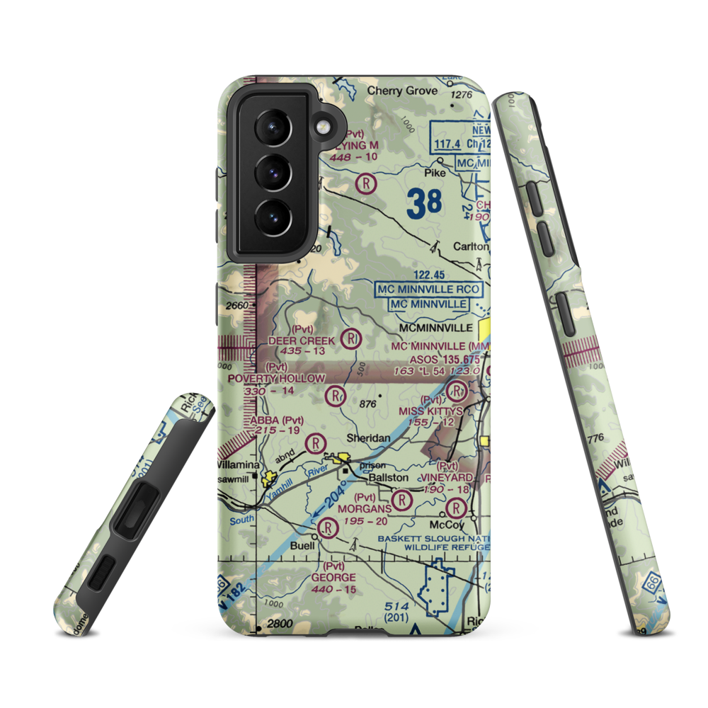 Mach-O Acres Airport (98OR) VFR Sectional Samsung Phone Case Samsung Galaxy S21 FE model shown