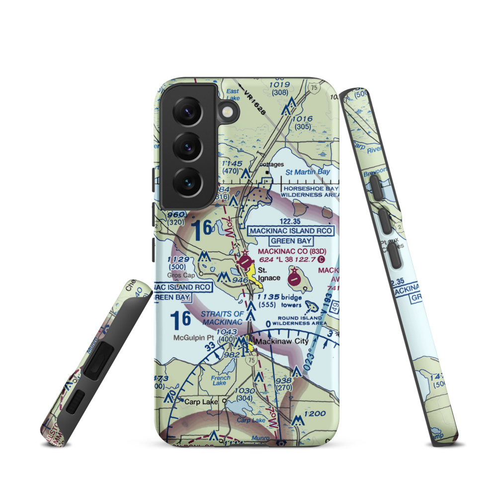 Mackinac County Airport (83D) VFR Sectional Samsung Phone Case Samsung Galaxy S22 model shown