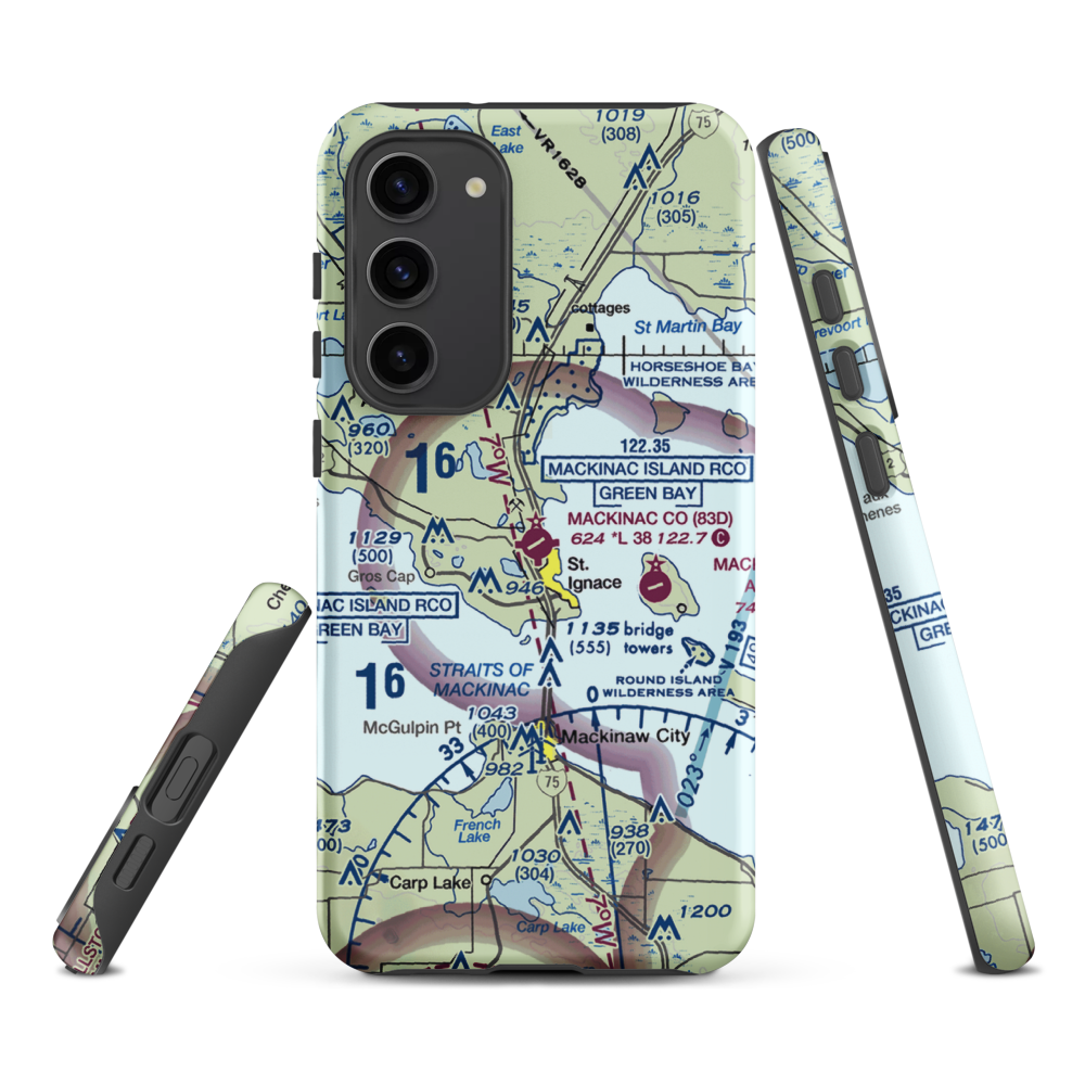 Mackinac County Airport (83D) VFR Sectional Samsung Phone Case Samsung Galaxy S23 Plus model shown
