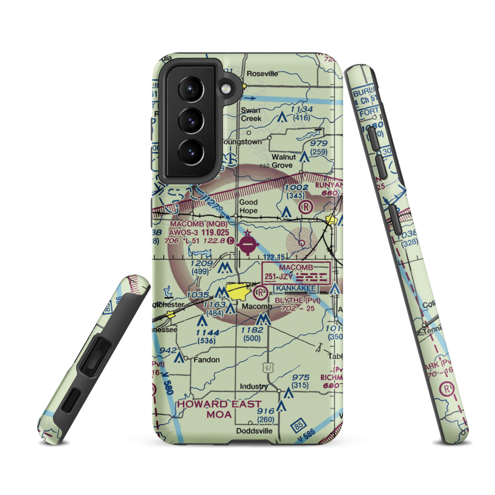 Macomb Municipal Airport (MQB) VFR Sectional Samsung Phone Case Samsung Galaxy S21 FE model shown