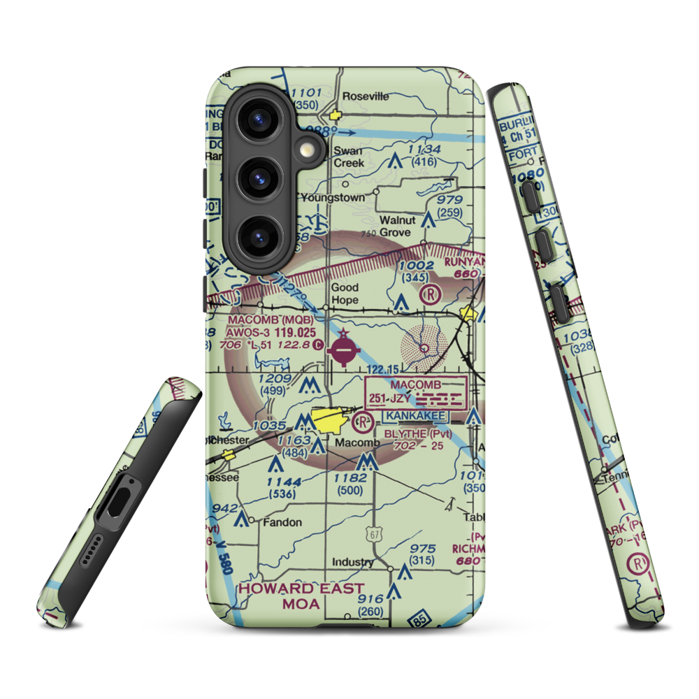 Macomb Municipal Airport (MQB) VFR Sectional Samsung Phone Case Samsung Galaxy S24 Plus model shown