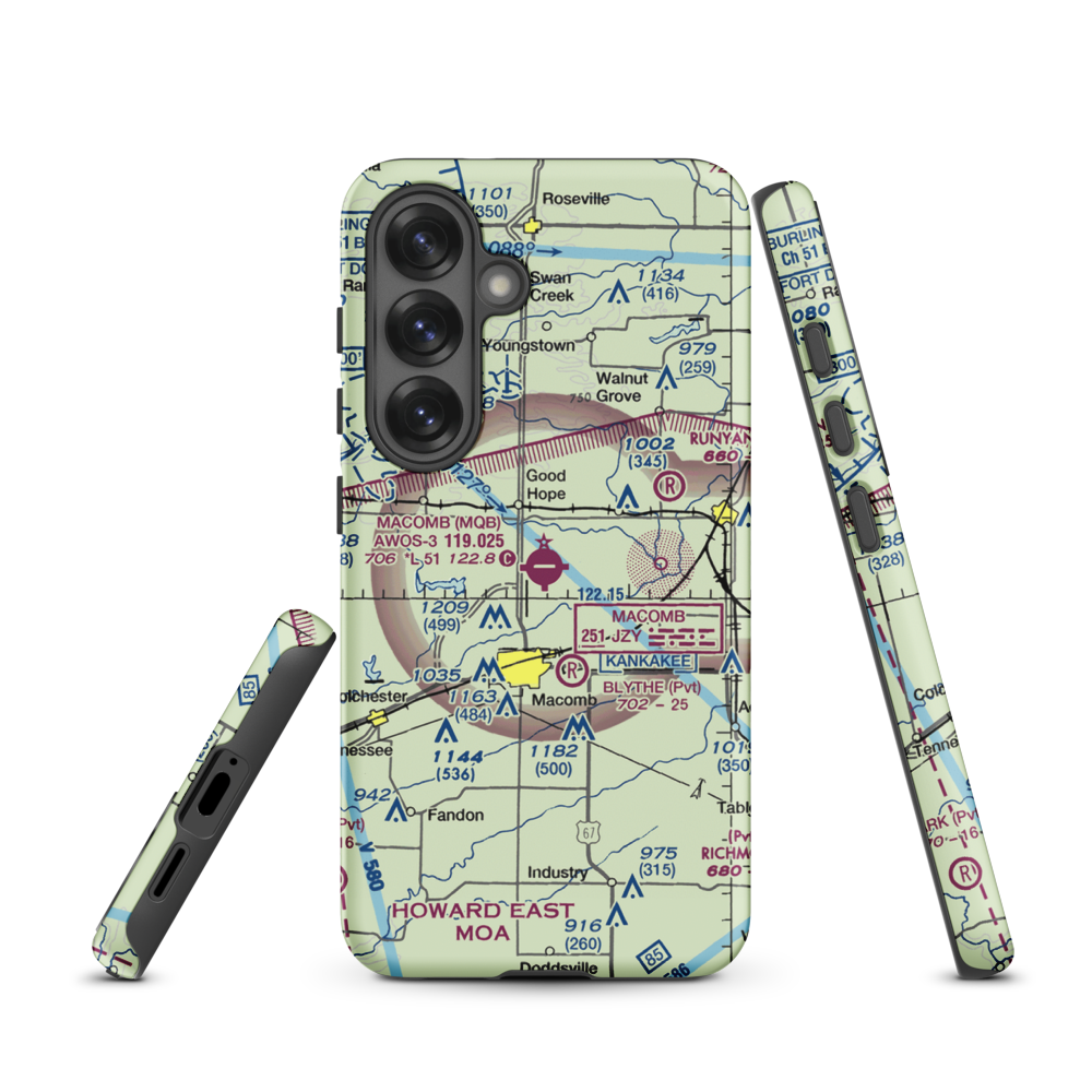 Macomb Municipal Airport (MQB) VFR Sectional Samsung Phone Case Samsung Galaxy S25 model shown