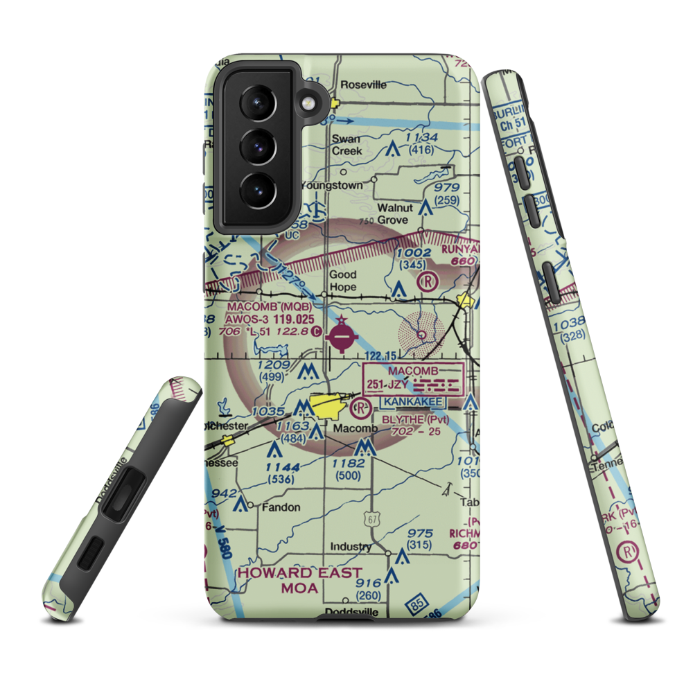 Macomb Municipal Airport (MQB) VFR Sectional Samsung Phone Case Samsung Galaxy S21 Plus model shown