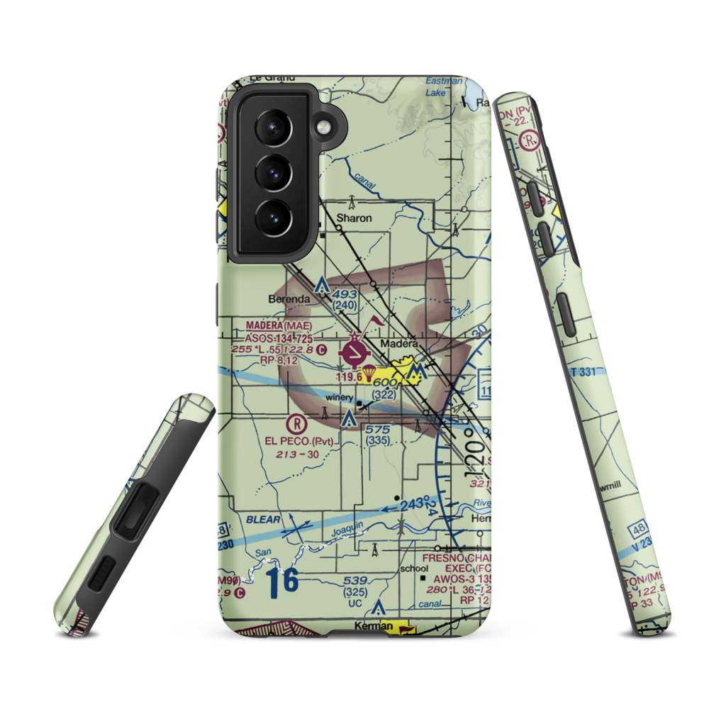 Madera Municipal Airport (MAE) VFR Sectional Samsung Phone Case Samsung Galaxy S21 FE model shown