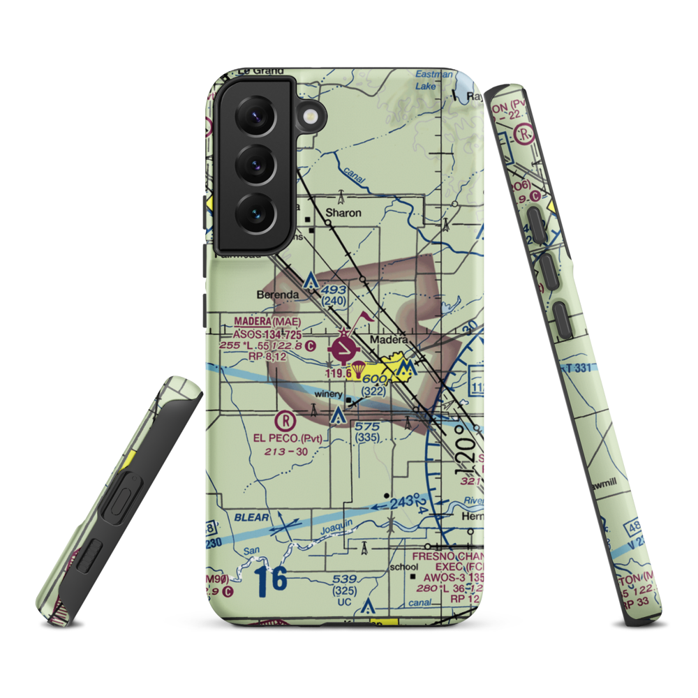 Madera Municipal Airport (MAE) VFR Sectional Samsung Phone Case Samsung Galaxy S22 Plus model shown