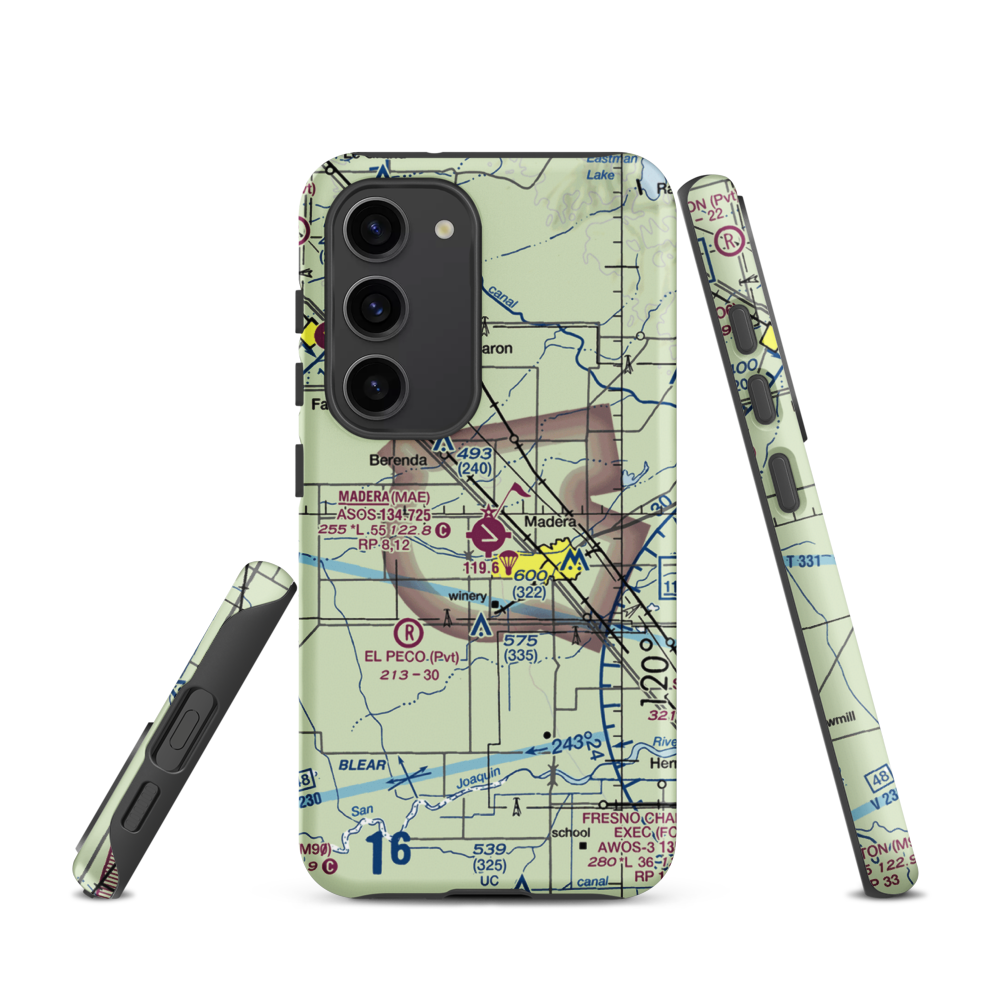Madera Municipal Airport (MAE) VFR Sectional Samsung Phone Case Samsung Galaxy S23 model shown
