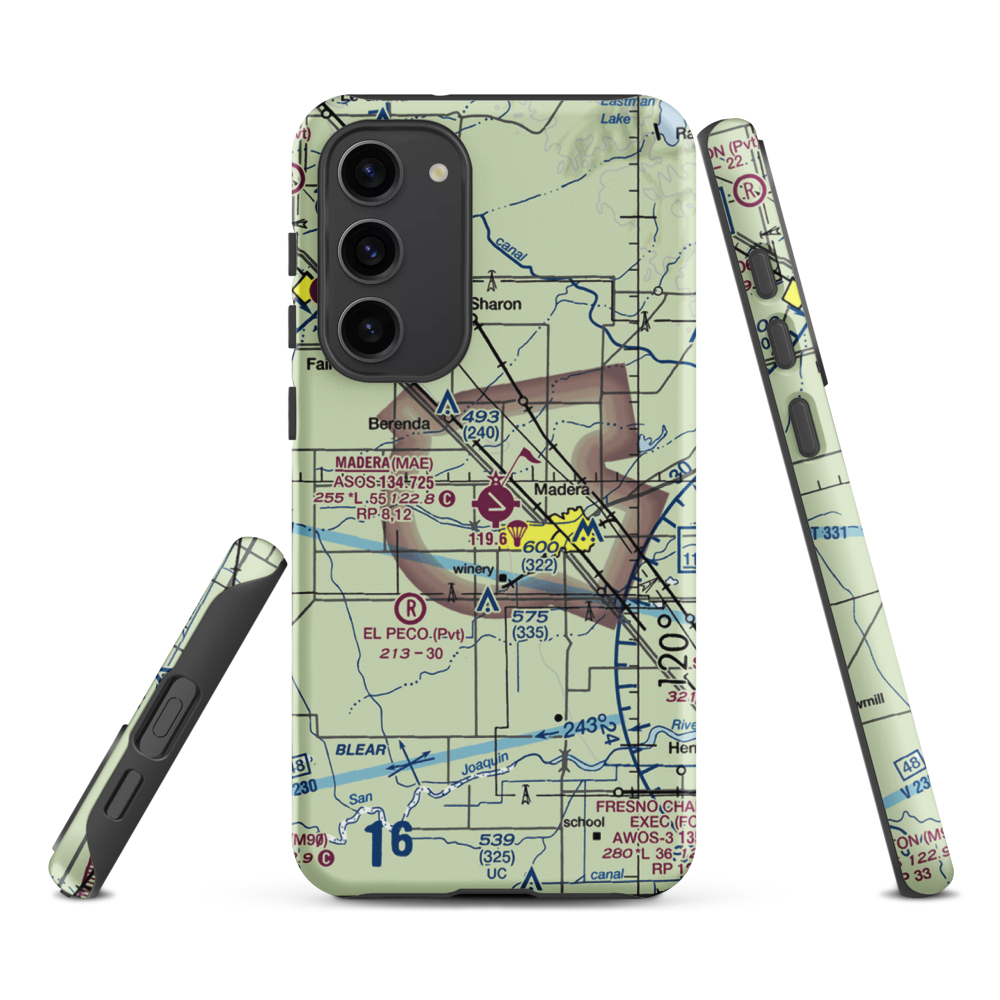 Madera Municipal Airport (MAE) VFR Sectional Samsung Phone Case Samsung Galaxy S23 Plus model shown