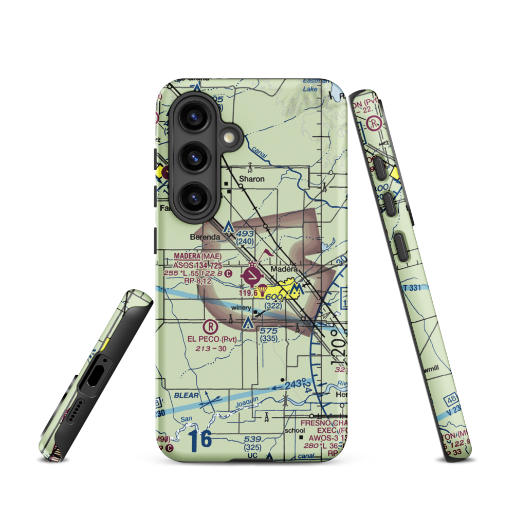 Madera Municipal Airport (MAE) VFR Sectional Samsung Phone Case Samsung Galaxy S24 model shown